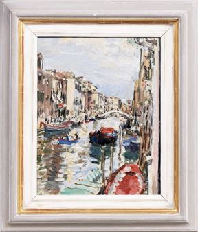 An impressionist painting of a canal scene with gondolas and buildings under a bright sky.