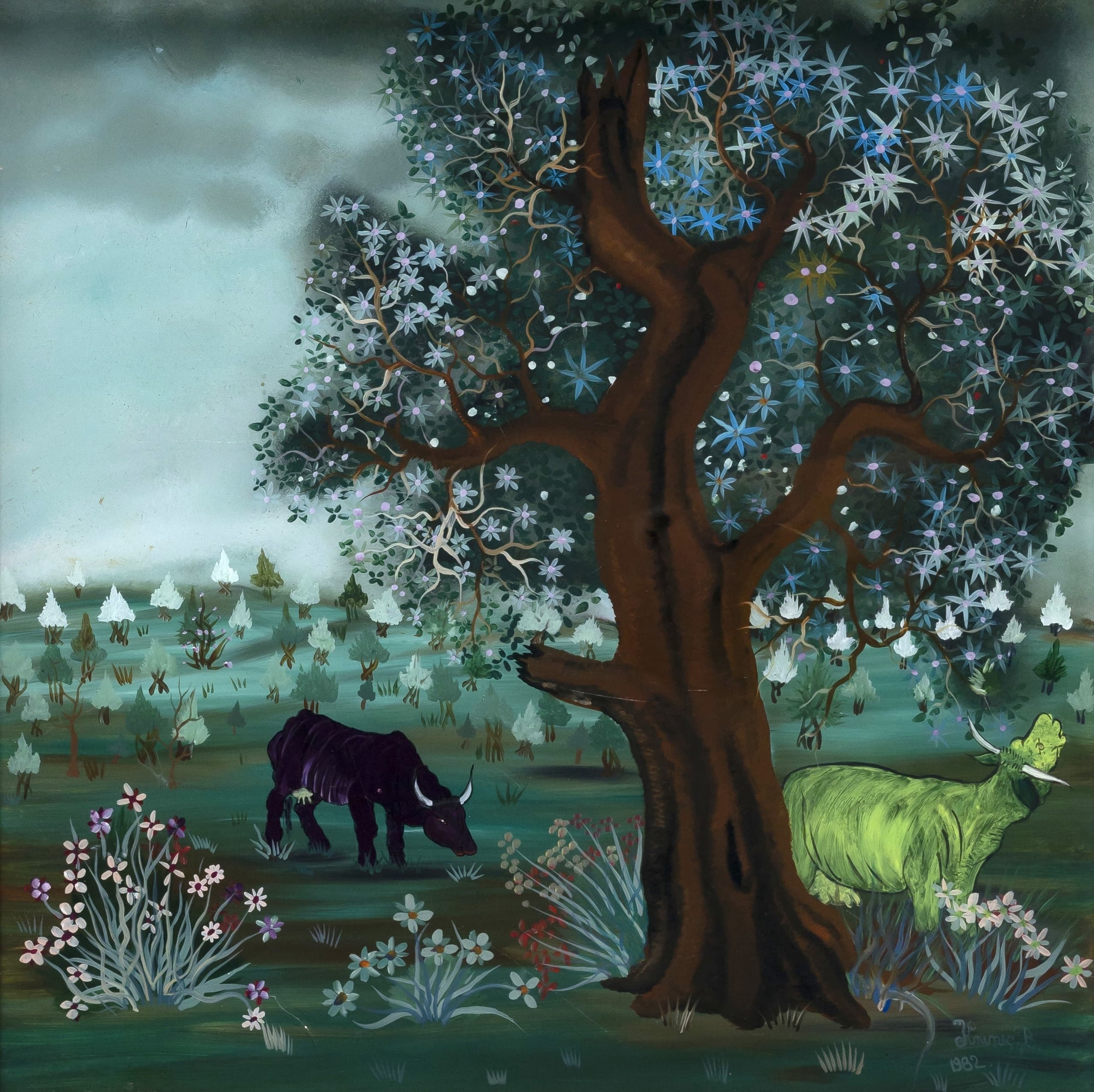 Boris Borivoj Krunic | Landscape with cows (1982) | MutualArt