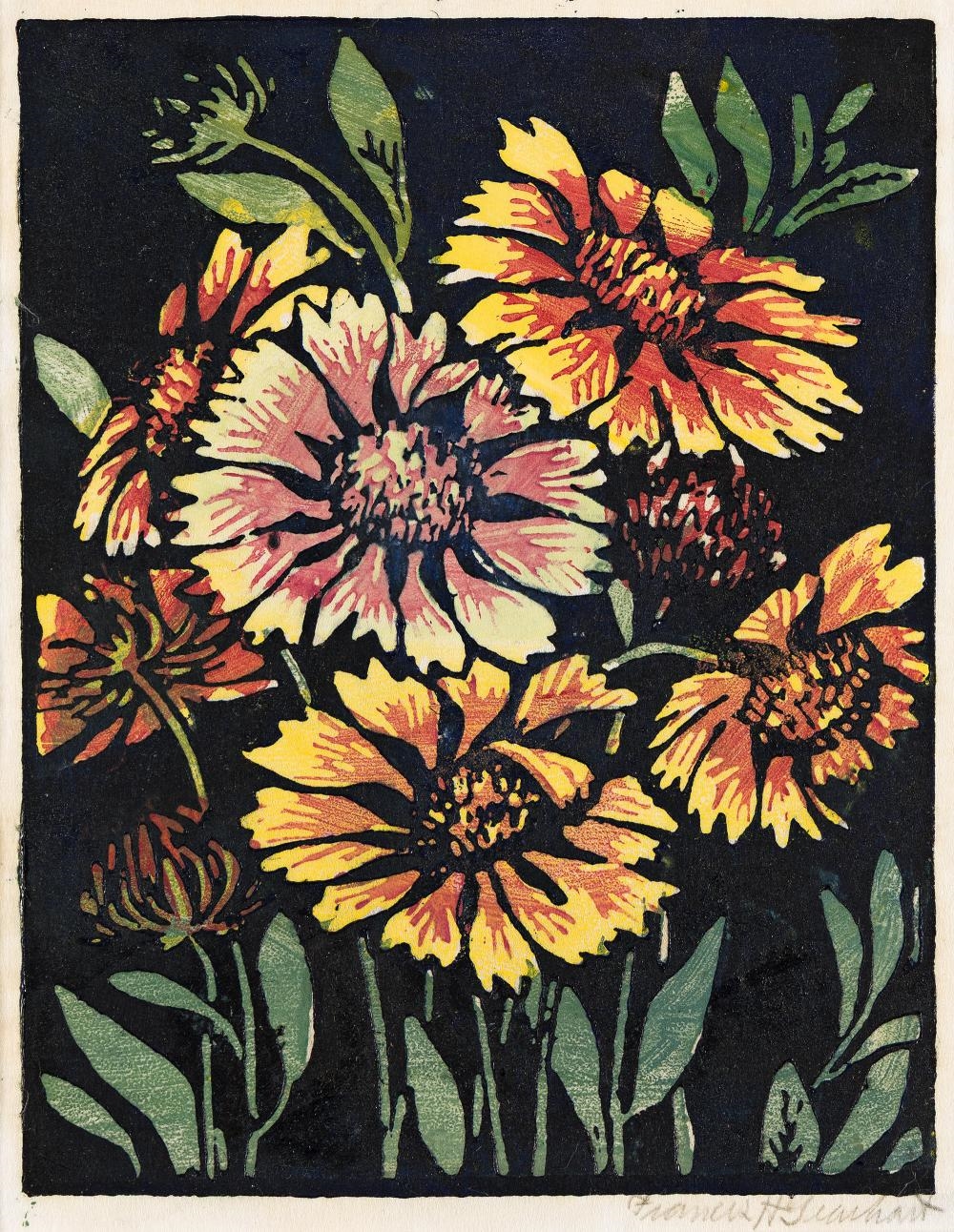 Artwork by Frances H. Gearhart, Gaillardias, Made of Color Woodcut On Japan Paper