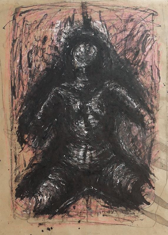 Artwork by Lothar Böhme, Sitzender Akt, Made of Mischtechnik, Ölfarben, Deckweiß, Aquarell auf bräunlichem Papier