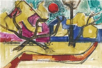 Landschaft mit roter Sonne und dunklen Bäumen - Hermann Glöckner