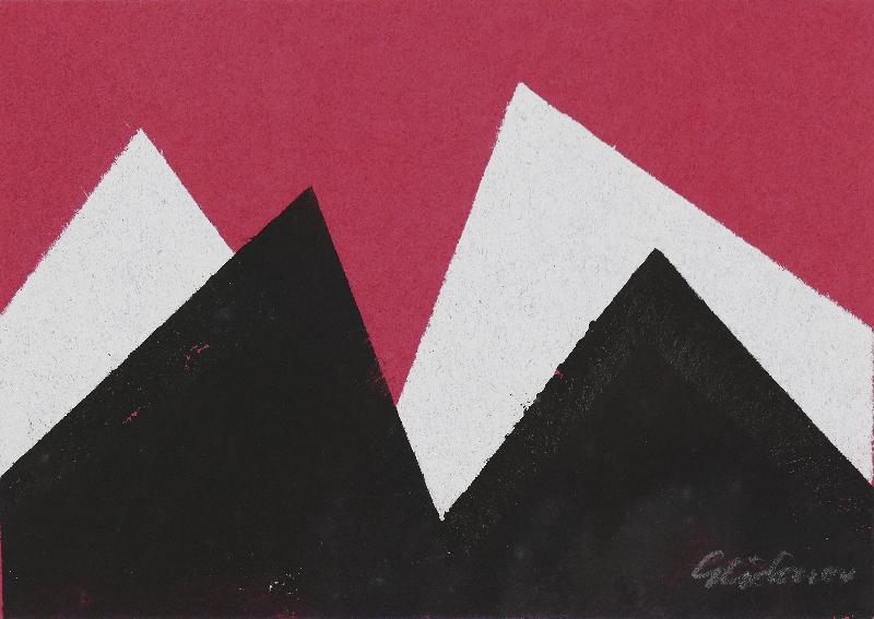Artwork by Hermann Glöckner, Schwarzweiße Aufgipfelung vor Rot, Made of Monotypie in Tempera (Weiß und Schwarz) auf rotem Karton