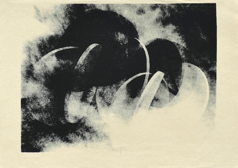 Artwork by Hermann Glöckner, Zwei verklammerte Scheiben in Bewegung, negativ aus der Folge: Verwandlungen in Raum und Fläche, Made of Siebdruck auf gelblichem rauhem Papier