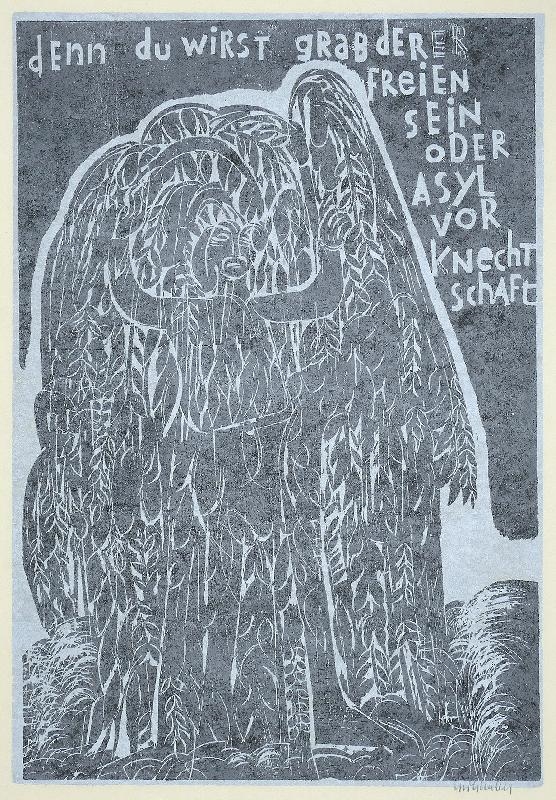 Artwork by HAP  Grieshaber, Epitaph für Allende, Made of Farbholzschnitt in Silber und Schwarz auf gelblichem Japanpapier Kochi