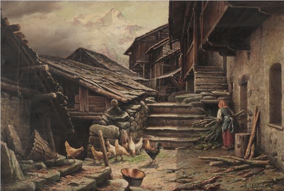Giuseppe Falchetti | Cascinale con galline e contadina | MutualArt
