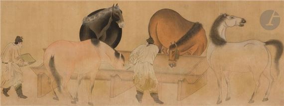 Painting on silk of horses and grooms - Zhao Mengfu
