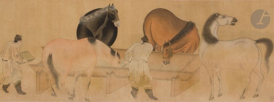 Artwork by Zhao Mengfu, Painting on silk of horses and grooms, Made of Ink And Pigments On Silk