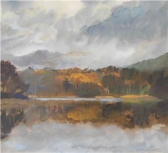 A moody landscape painting of a misty lake reflecting autumn trees under an overcast sky.