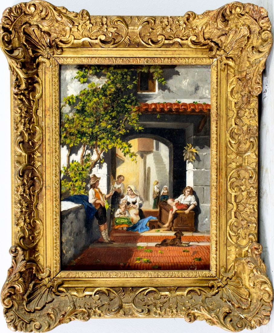 Artwork by G Joli, Courtyard Scene, Made of Oil On Board