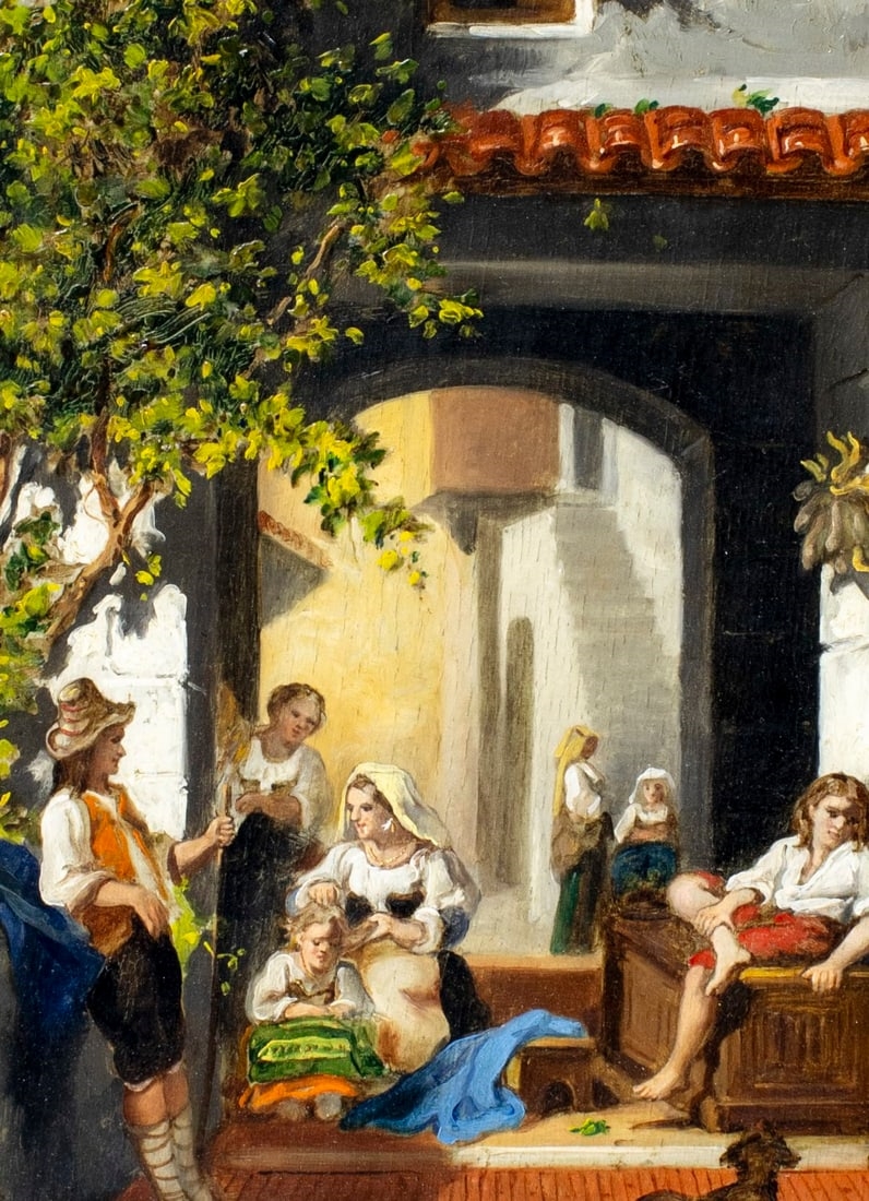 Artwork by G Joli, Courtyard Scene, Made of Oil On Board