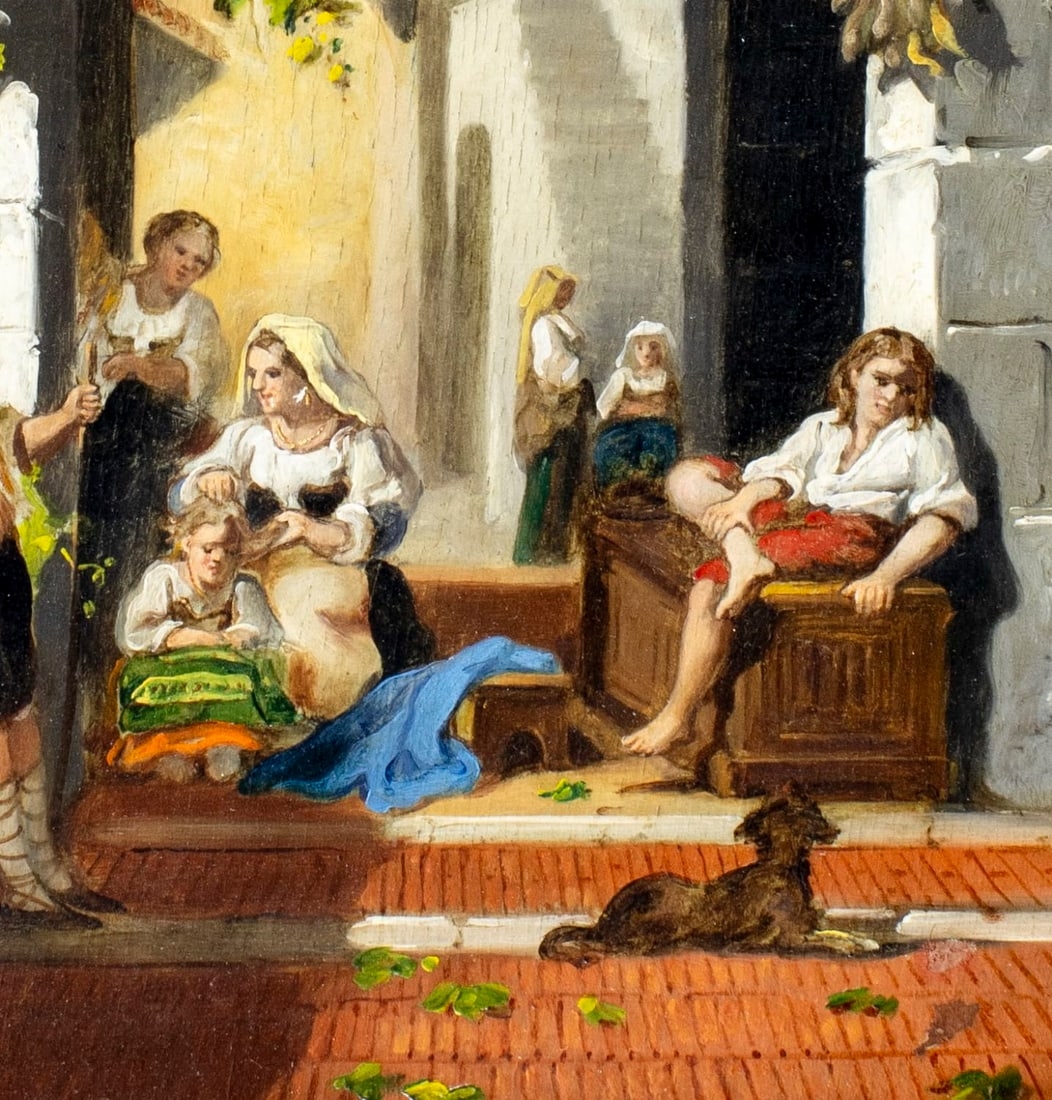 Artwork by G Joli, Courtyard Scene, Made of Oil On Board