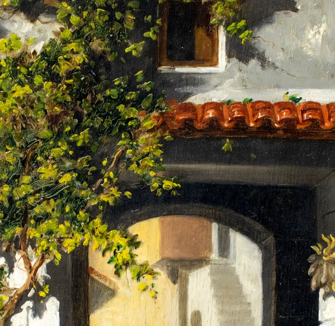 Artwork by G Joli, Courtyard Scene, Made of Oil On Board