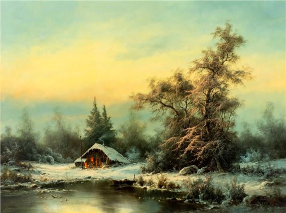 A serene winter landscape featuring a small cabin glowing warmly by a frozen river.