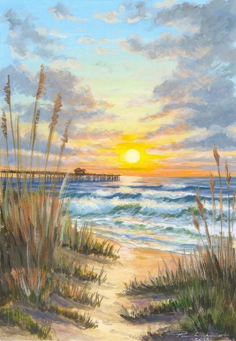Artwork by Oleksandr Pukhno, Sunset Seascape with Pier, Made of Oil On Heavy Paper