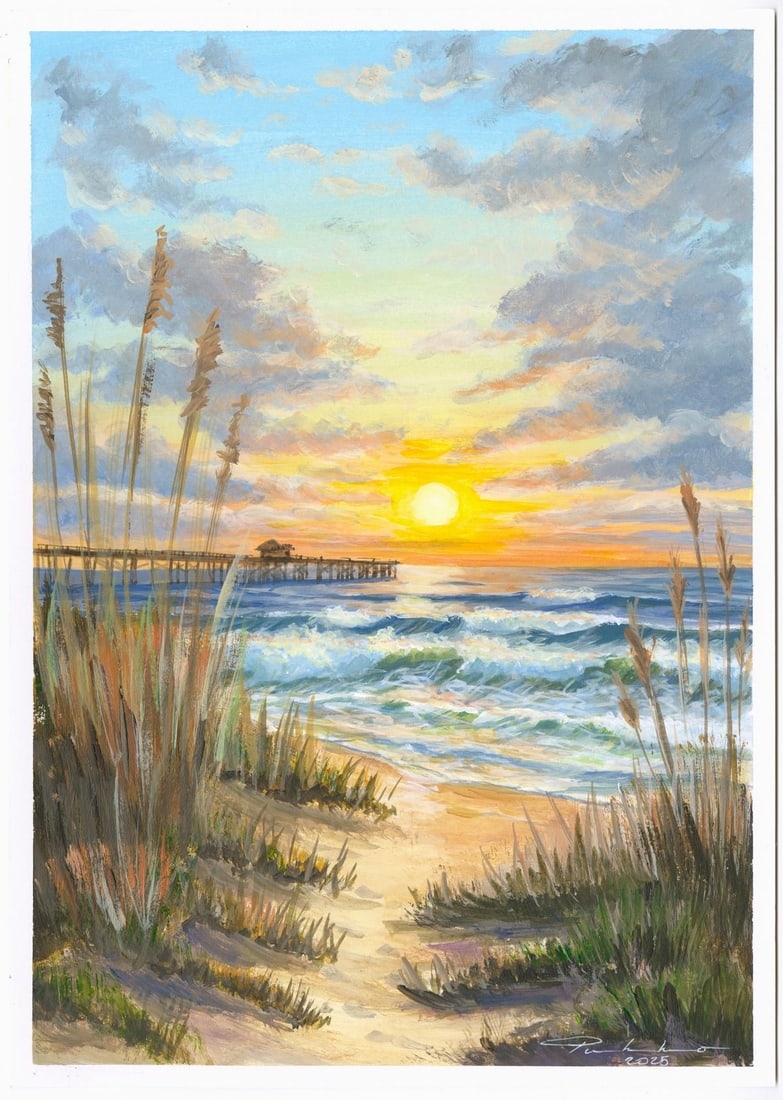 Artwork by Oleksandr Pukhno, Sunset Seascape with Pier, Made of Oil On Heavy Paper
