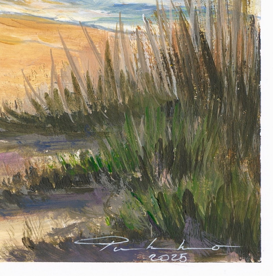 Artwork by Oleksandr Pukhno, Sunset Seascape with Pier, Made of Oil On Heavy Paper