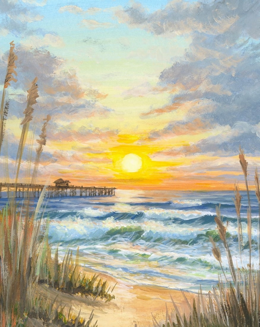 Artwork by Oleksandr Pukhno, Sunset Seascape with Pier, Made of Oil On Heavy Paper