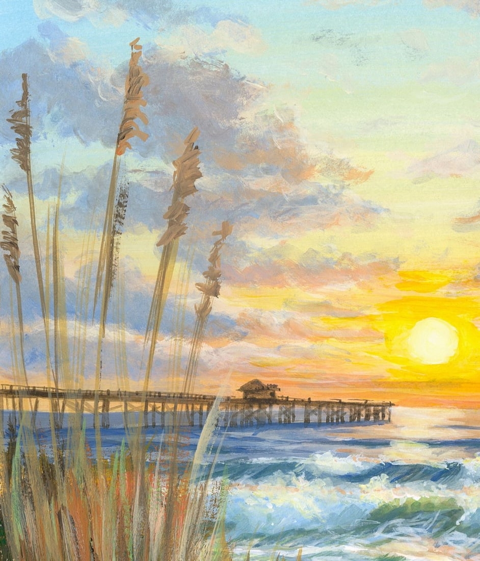 Artwork by Oleksandr Pukhno, Sunset Seascape with Pier, Made of Oil On Heavy Paper