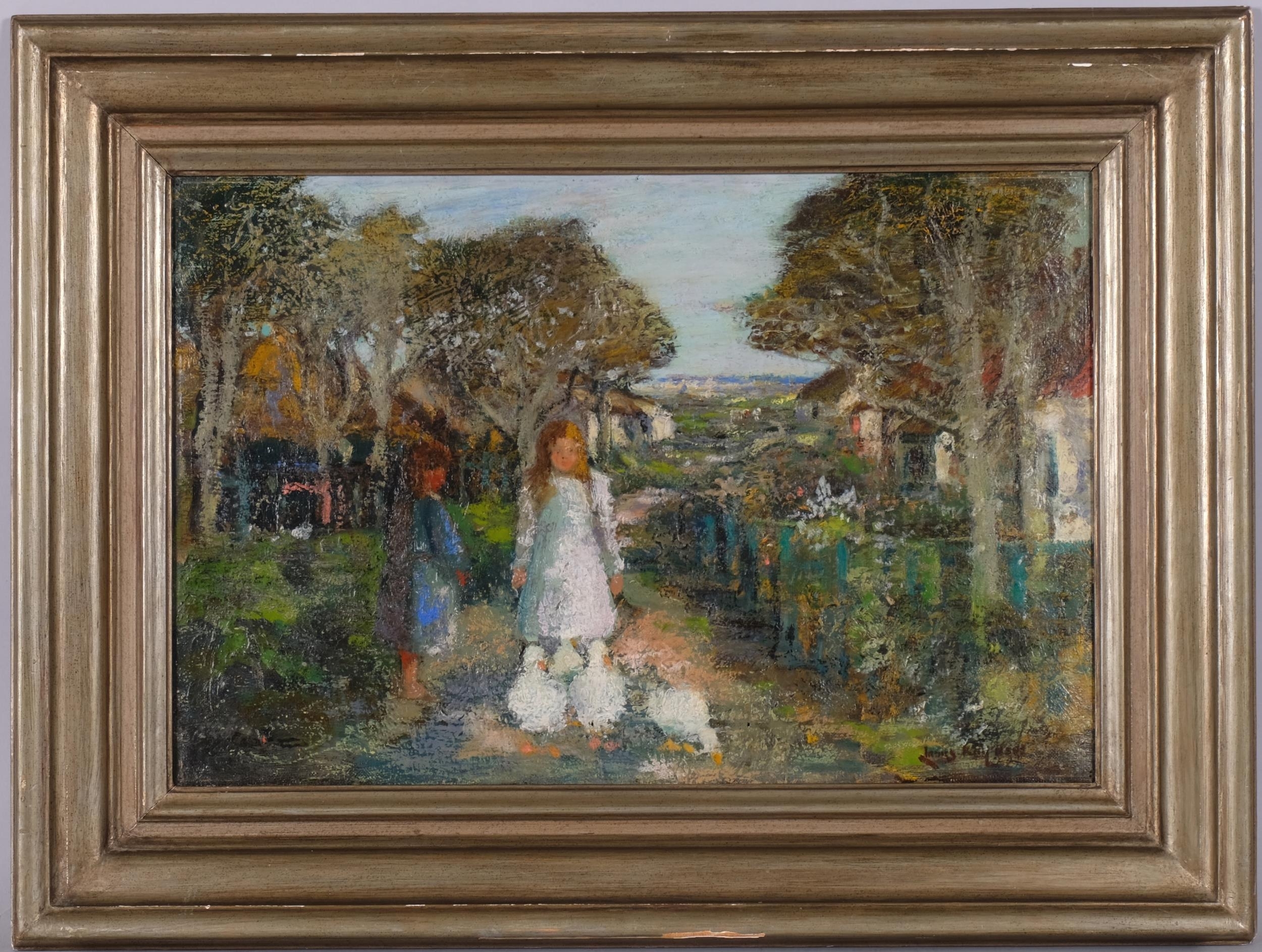 Artwork by James Kay, 2 girls with geese, Made of Oil On Canvas