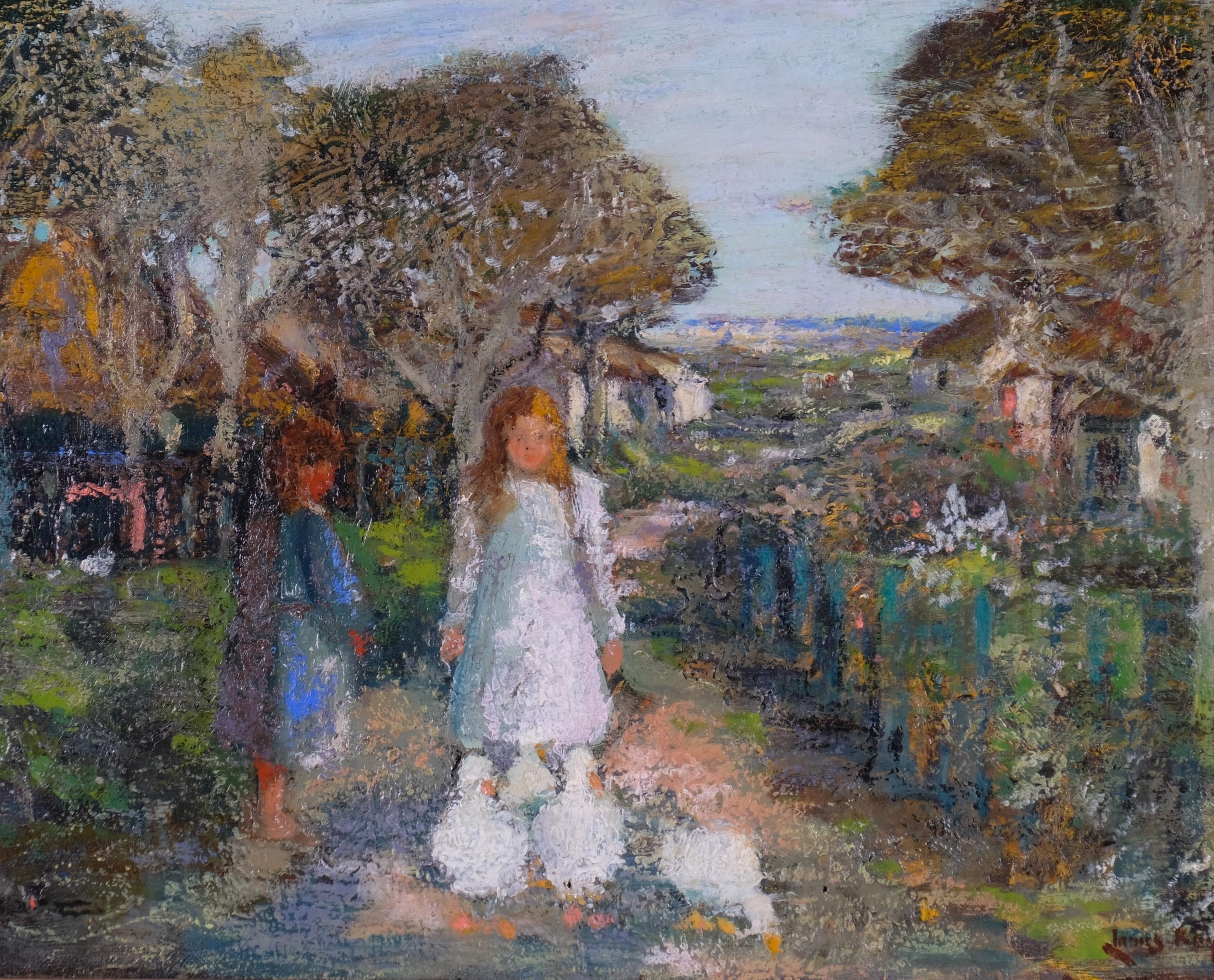 Artwork by James Kay, 2 girls with geese, Made of Oil On Canvas