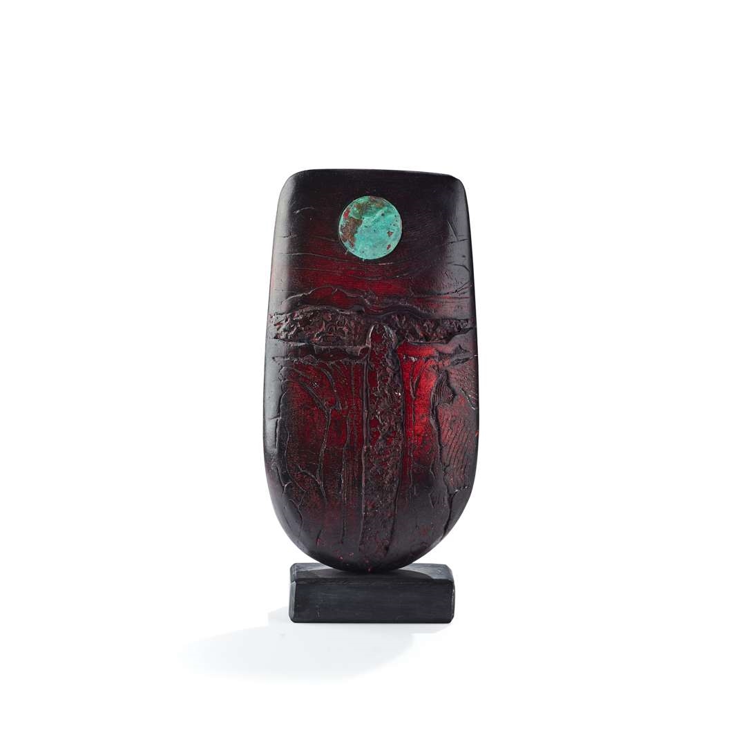 Artwork by Peter Hayes, BOW WITH COPPER DISC, Made of Raku