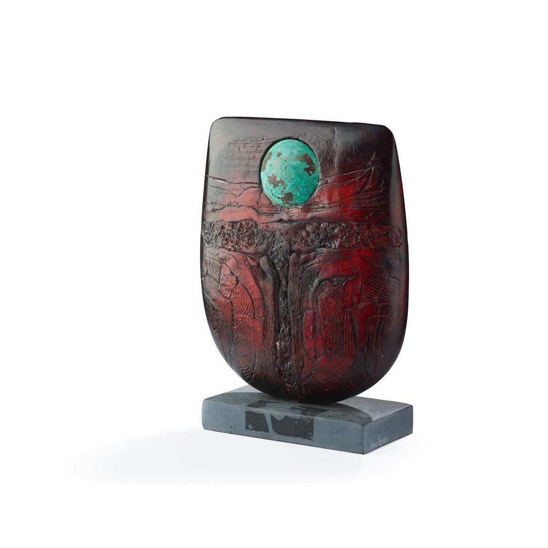 Artwork by Peter Hayes, BOW WITH COPPER DISC, Made of Raku On Slate Base