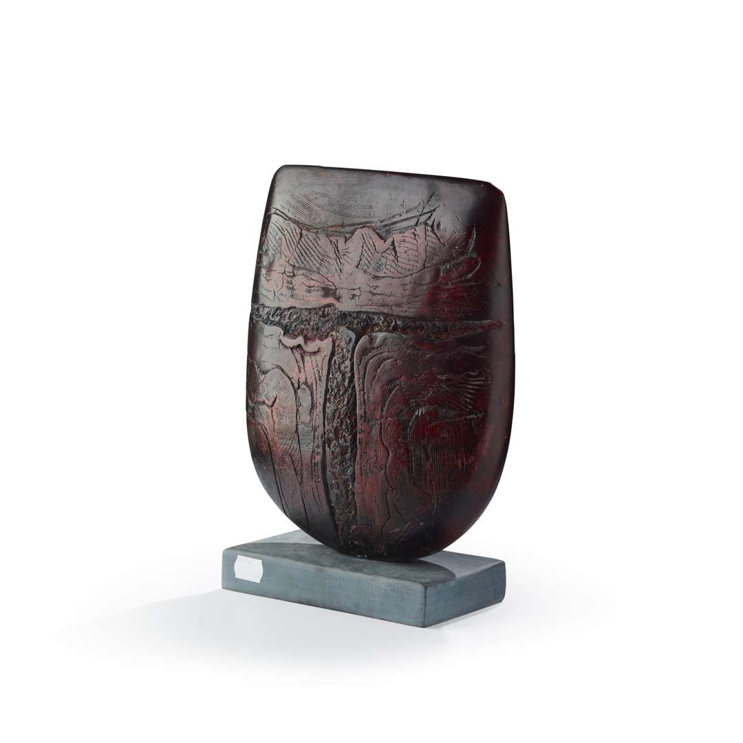 Artwork by Peter Hayes, BOW WITH COPPER DISC, Made of Raku On Slate Base