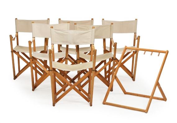 Set of six beech folding chairs with matching rack by Mogens S. Koch