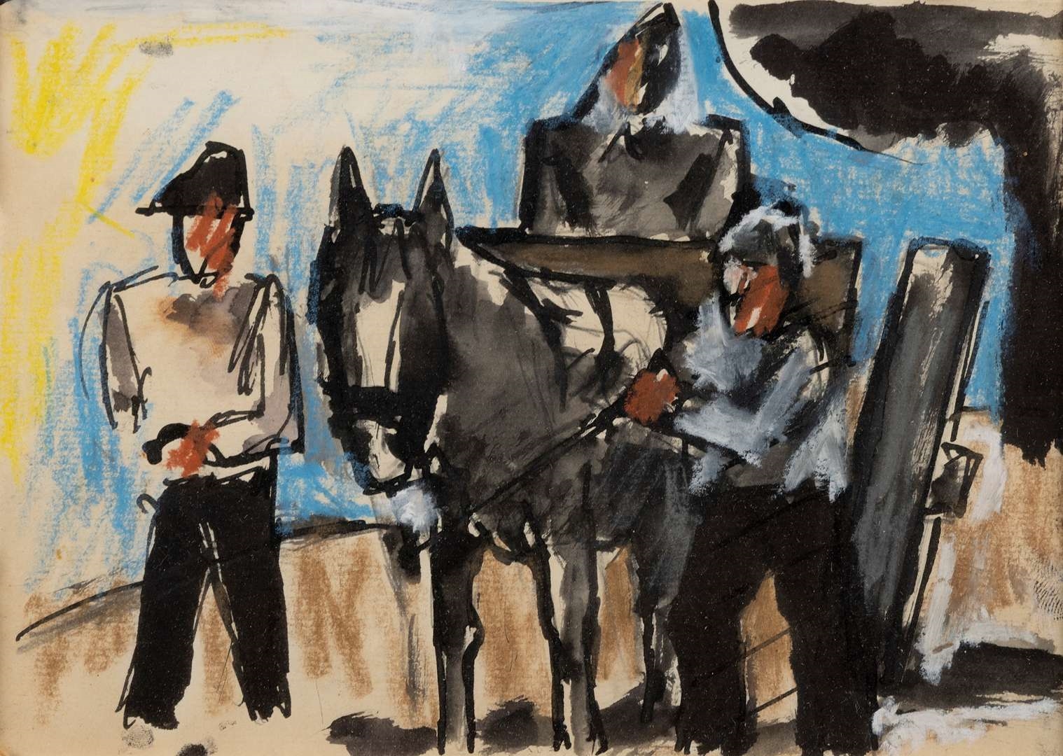 Artwork by Josef Herman, FIGURES WITH HORSE AND CART, Made of Pen, Ink, Pastel And Watercolour On Paper