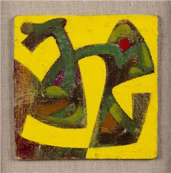 A vibrant abstract composition featuring a stylized green figure against a bold yellow background.