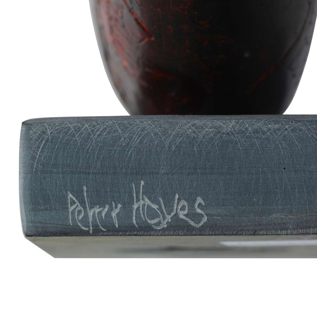 Artwork by Peter Hayes, BOW WITH COPPER DISC, Made of Raku On Slate Base