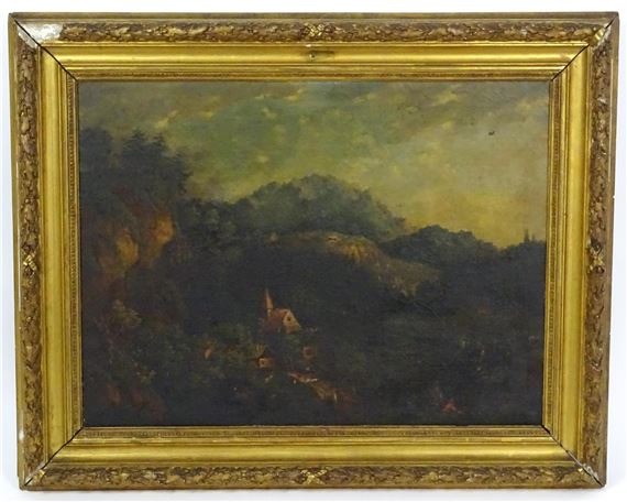 A rural village scene with figures and church by Continental School, 19th Century, 19th century