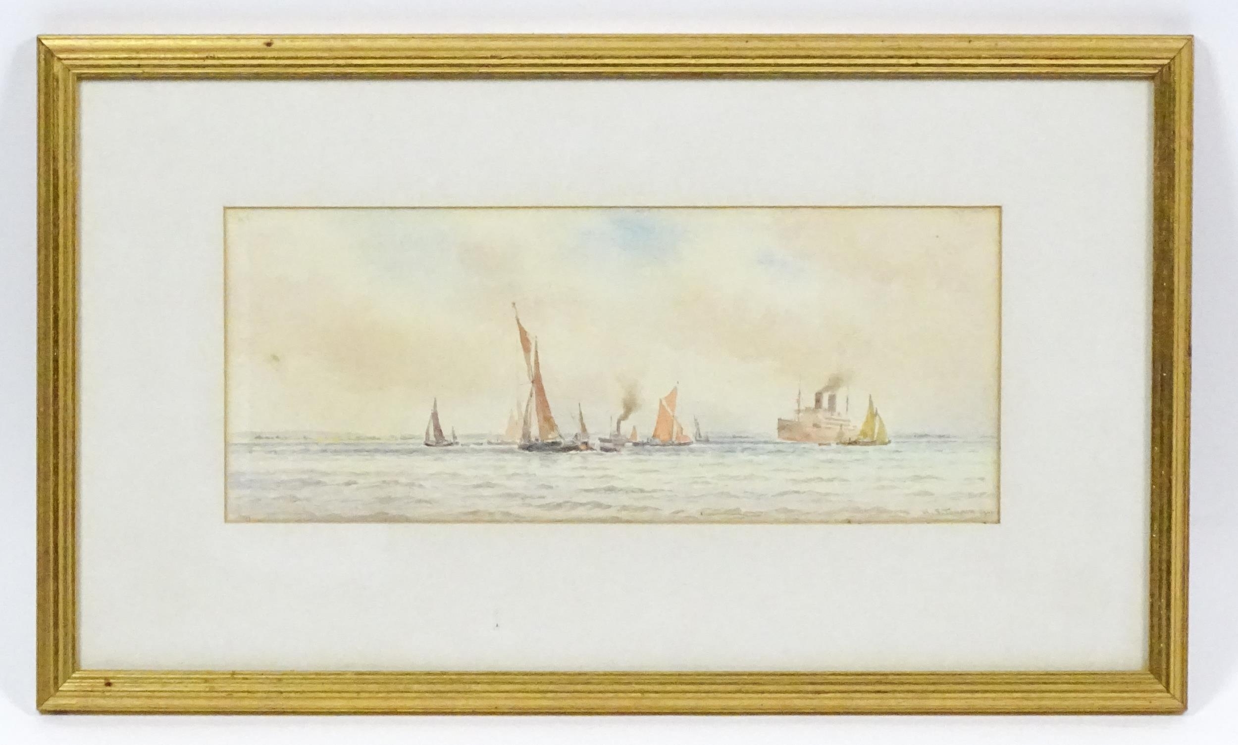 Artwork by William Stephen Tomkin, Boats and steam ships at sea, Made of Watercolour
