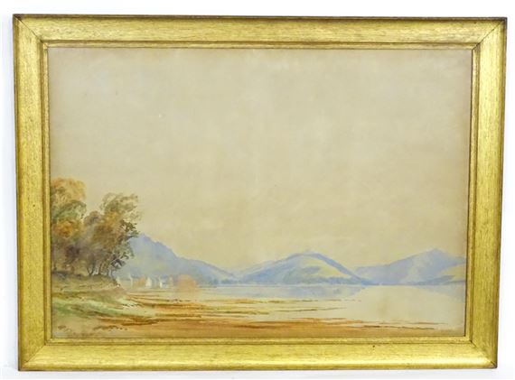 An Italian lake scene with town and mountains beyond - Charles Edmund Rowbotham