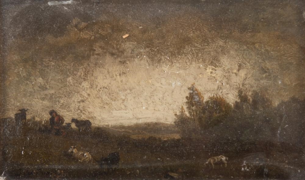 Artwork by Jules Dupré, Landscape with Farmer and Goats in a Field, Made of Oil On Panel