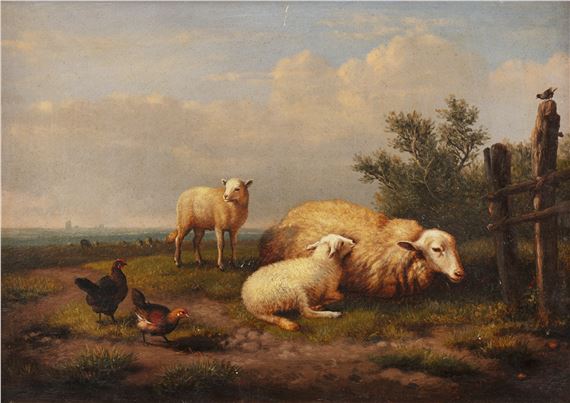 Sheep and poultry in a landscape - Cornelis van Leemputten