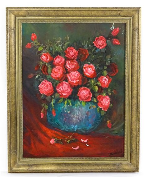 A still life study of roses in a vase by Hector Zablach