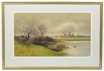 A river landscape with duck in flight - Albert Procter