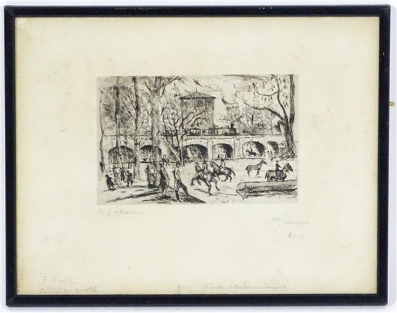 A German street / park scene with figures, figures on horseback, railway bridge and tower beyond - German School, 18th Century