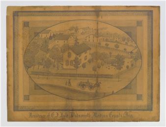 A vintage engraved map of a rural town with detailed street scenes and buildings.