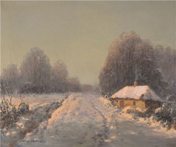 PEJZAŻ ZIMOWY Z CHATĄ by Wiktor Korecki