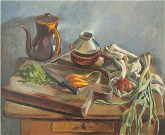 A still life painting of kitchenware and vegetables on a wooden table.