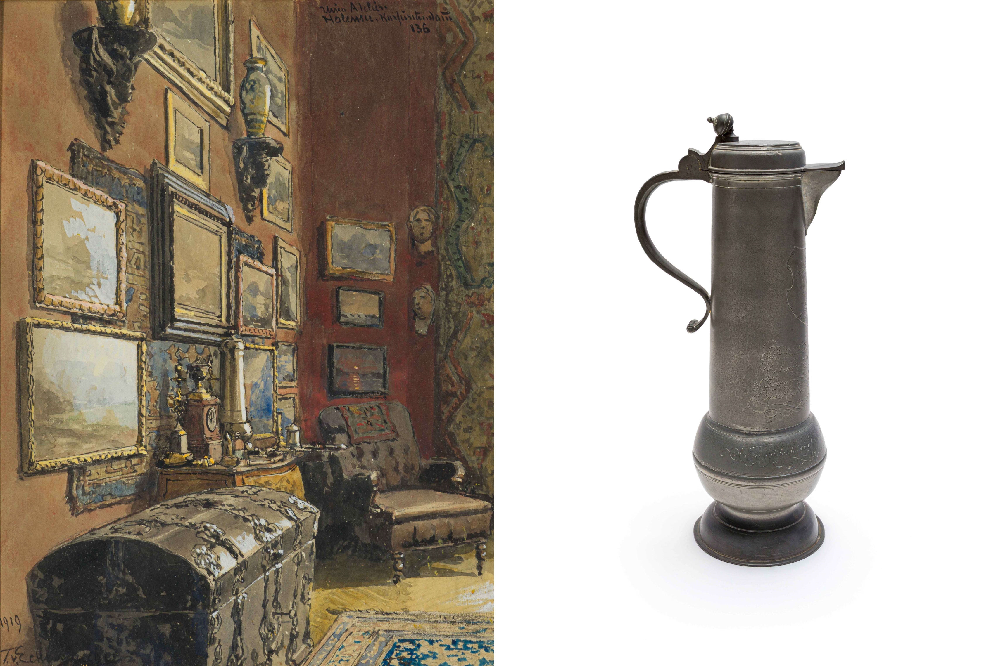 Artwork by Karl Paul Themistocles von Eckenbrecher, Unten Atelier, Halensee, Kurfurstendamm 136 (Downstairs Studio, Halensee, Kurfurstendamm 136); Pewter Flagon, two, Made of gouache on board