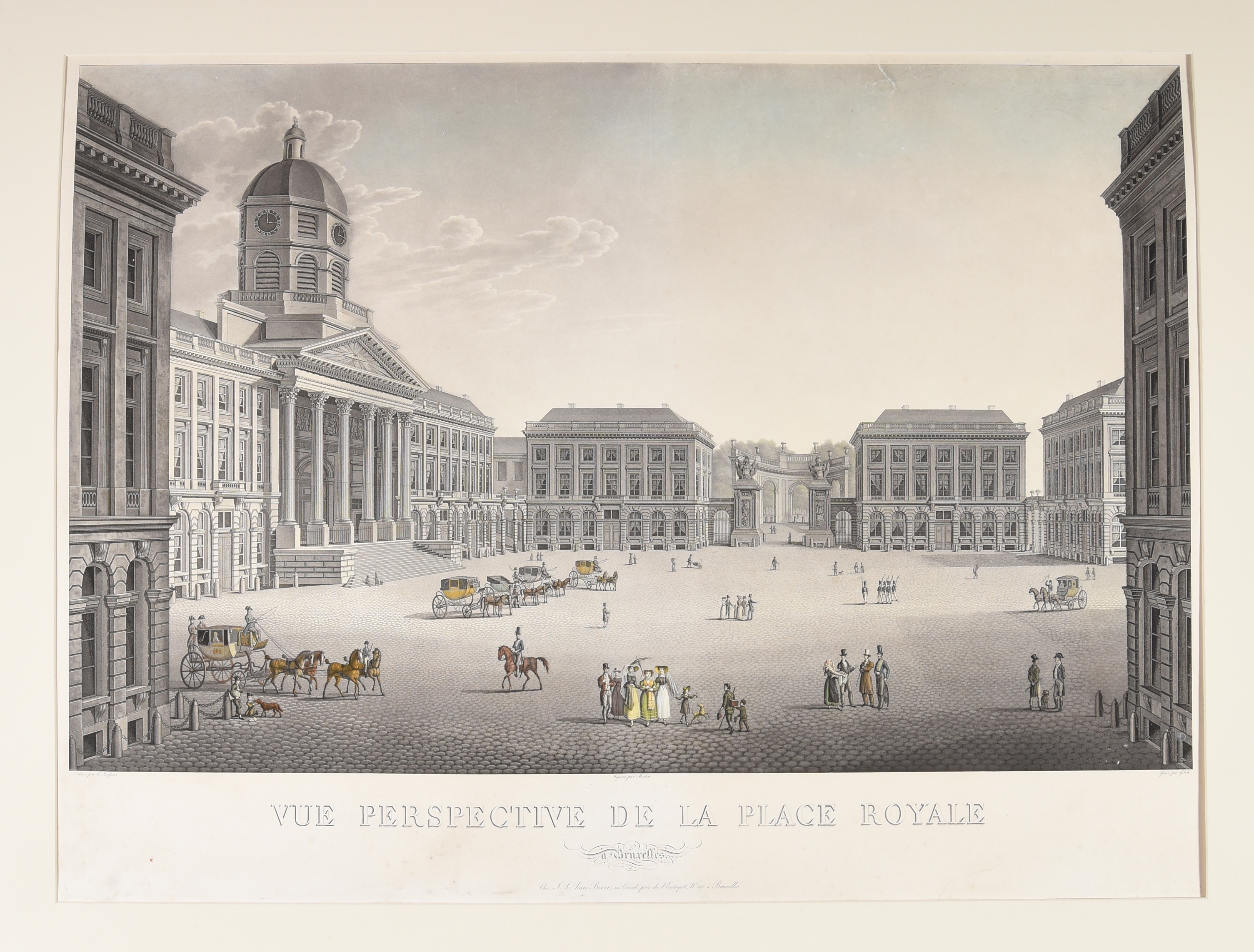 Artwork by Jean Baptiste Madou, Johann Nepomuk Gibele, Vue perspective de la Place Royale à Bruxelles, Made of Aquatinte en couleurs avec rehauts d'aquarelle