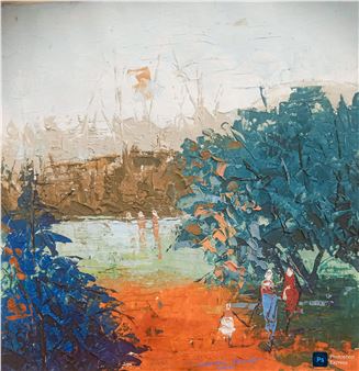 a serene landscape with a body of water and trees - Lawani Sunday