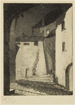 A monochromatic etching of a narrow, sunlit alleyway between weathered stone walls.