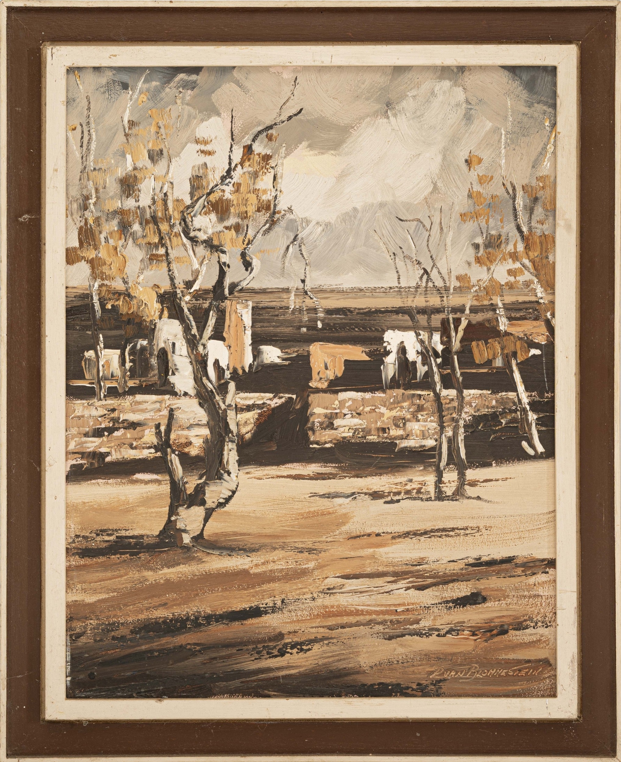 A rustic landscape painting featuring a stone wall, sparse trees, and distant mountains in a muted earth-tone palette.