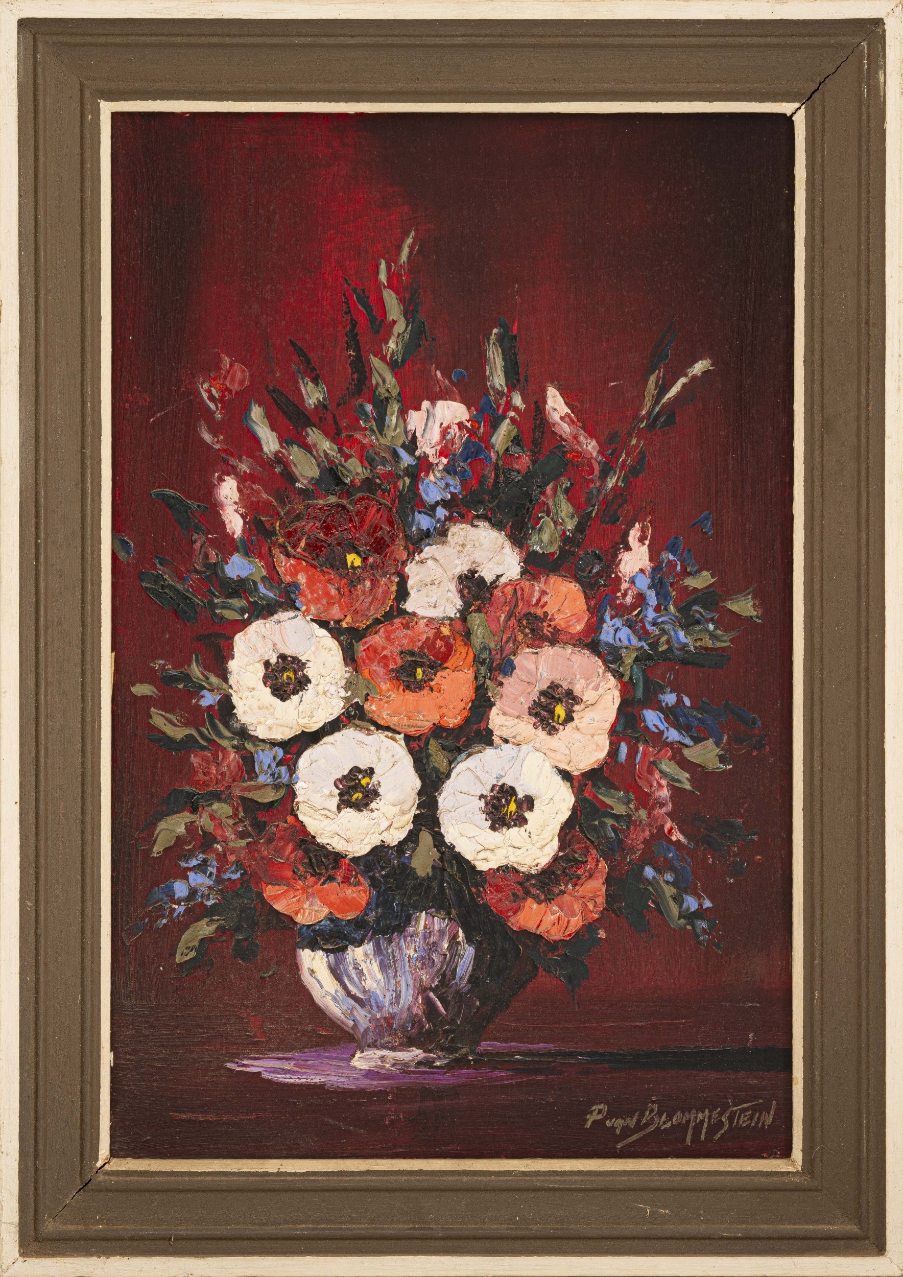 A vibrant floral still life featuring a bouquet of white and orange flowers in a vase against a deep red background.