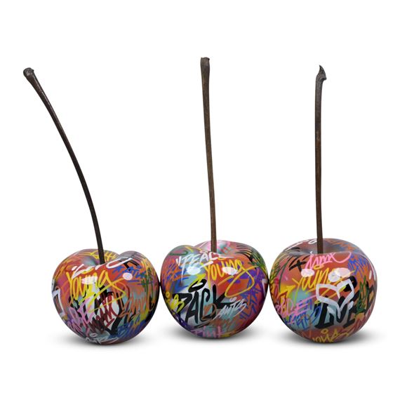 A GROUP OF THREE BULL & STEIN GRAFFITI CHERRY SCULPTURES by Bruno Silva, null
