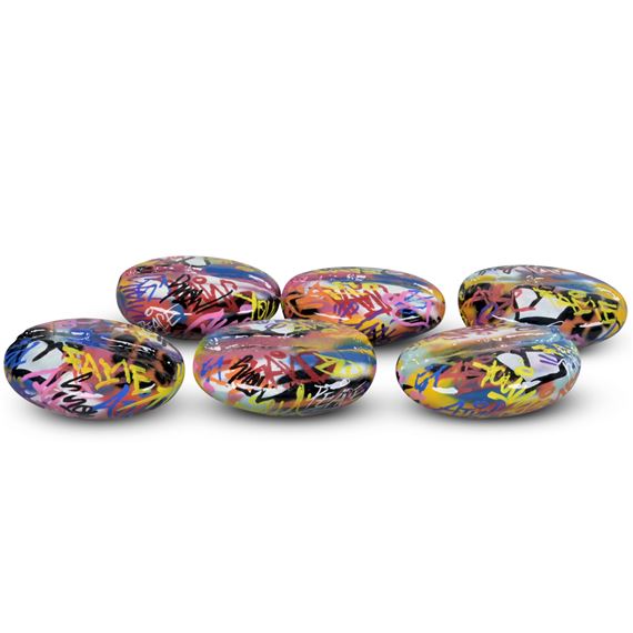 A GROUP OF SIX BULL & STEIN GRAFFITI COFFEE BEAN SCULPTURES